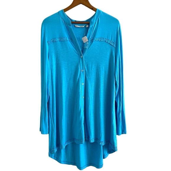 NWT Soft Surroundings tunic Top L Blue Graciela Button Front Blouse Boho coastal - Picture 1 of 10